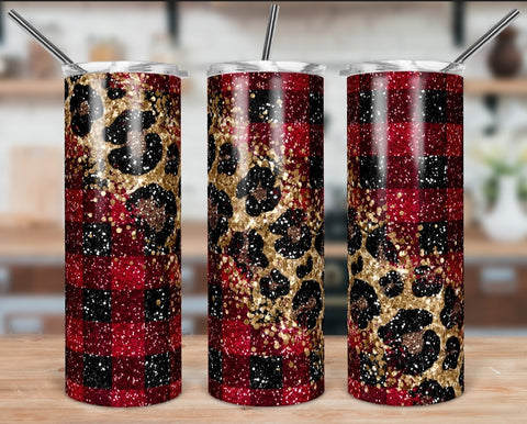 Buffalo plaid leopard red personalized 20 oz skinny tumbler